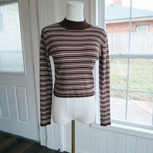 Womens Long Sleeve Crop Top L Vintage Y2K Striped Mock Neck Ribbed 90s Retro Mod